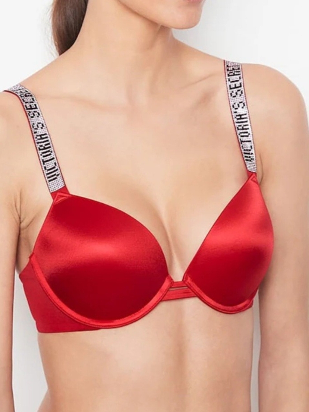 Victoria's Secret Red Satin Plunge Bra with Logo Straps Size 36 D